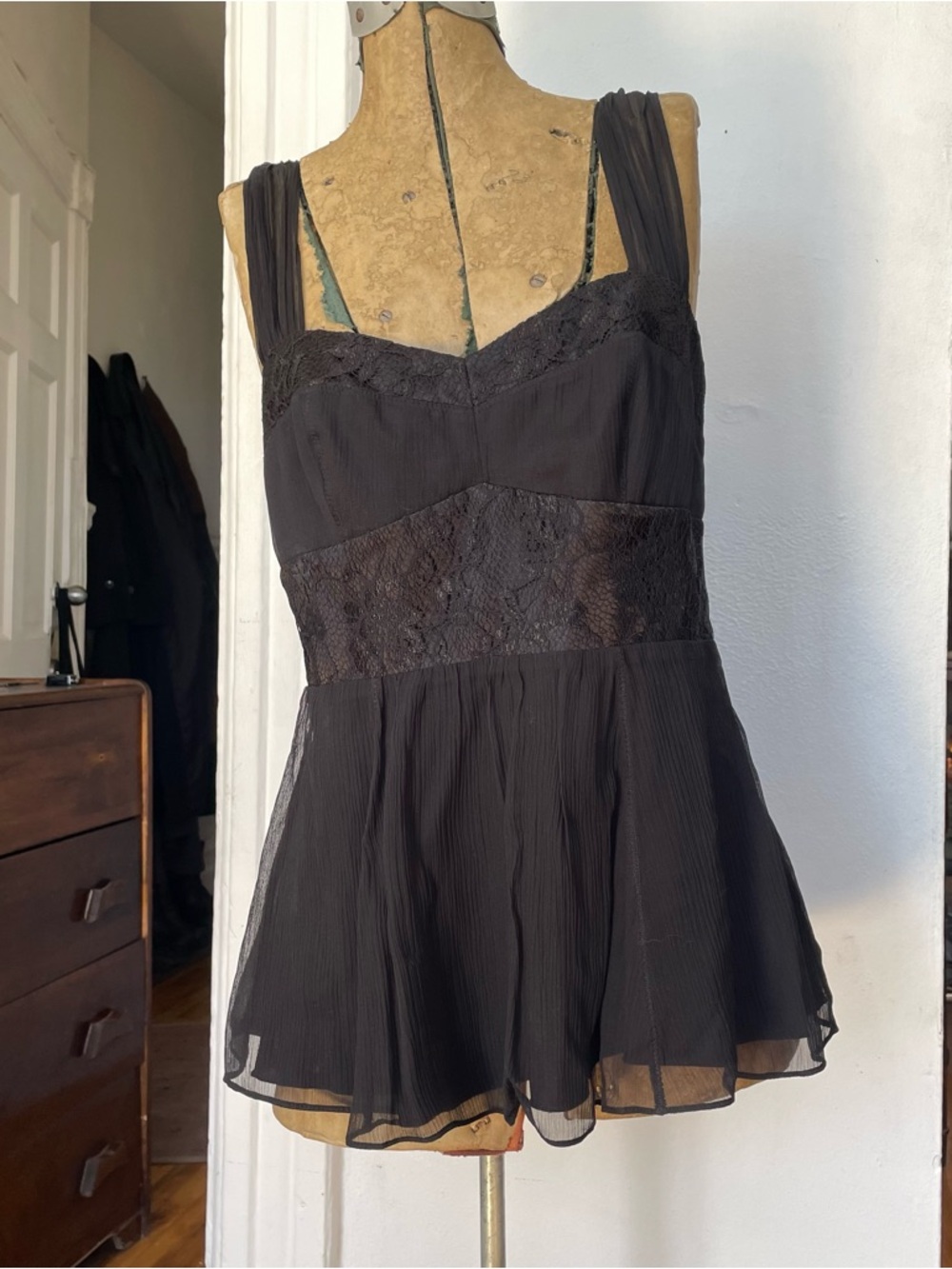 Black Lace-Trim Chiffon Babydoll Tank Top